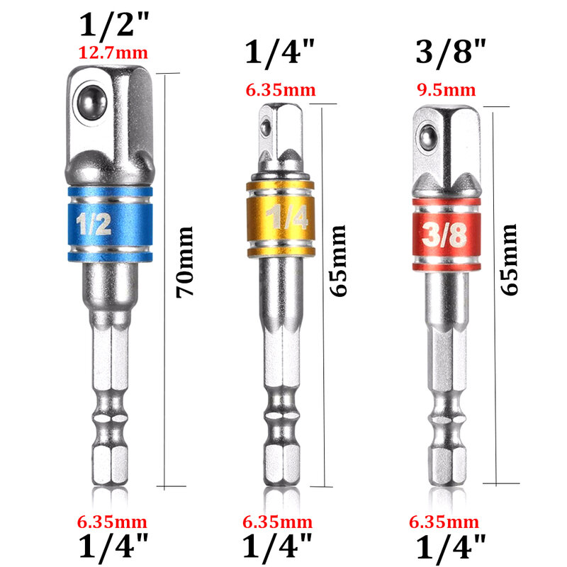 4pcs DHex Shank Wrench Drive Power Drill Socket Drill Adapter Socket Extension Bit Adaptor Set1/4" 3/8"1/2" BIts Driver Tools