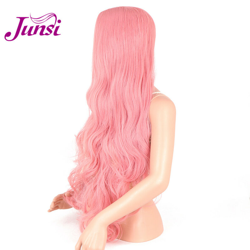 JUNSI 30-cali różowe peruki wysokiej temperatury długie kręcone wielka fala włosów peruka syntetyczna Cosplay dla kobiet mody