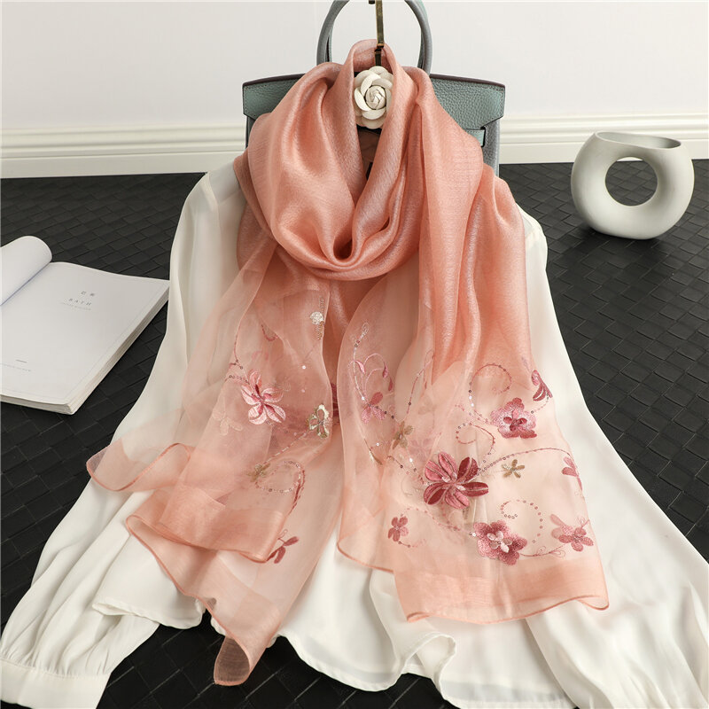 Écharpe en laine de soie pour femmes, Foulard Hijab brodé à fleurs, Pashmina, châles de printemps, enveloppes de plage, 2021