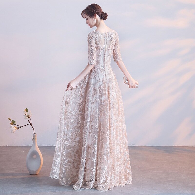 Avondjurk 2019 New Fashion Illusion O-hals A-lijn Floor Lengte Prom Party Dress Half Sleeve Custom Made Robe De Soiree