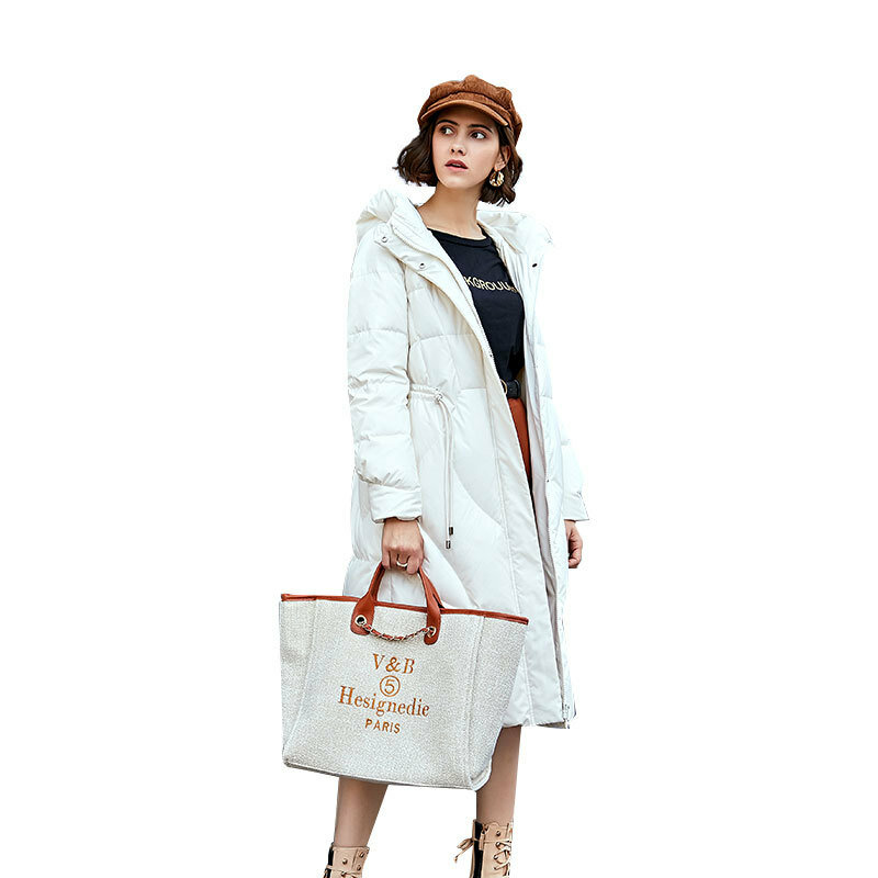 Jaket Musim Dingin Wanita Mode Hangat Berdiri Kerah Putih Bebek Jaket Wanita Santai Luar Ruangan Pertengahan Panjang Jaket Katun