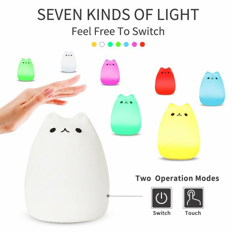 Luz LED de noche para bebés y niños, bonito gato de dibujos animados de silicona suave en 7 colores, decoración regulable para dormitorio, paquete al por menor