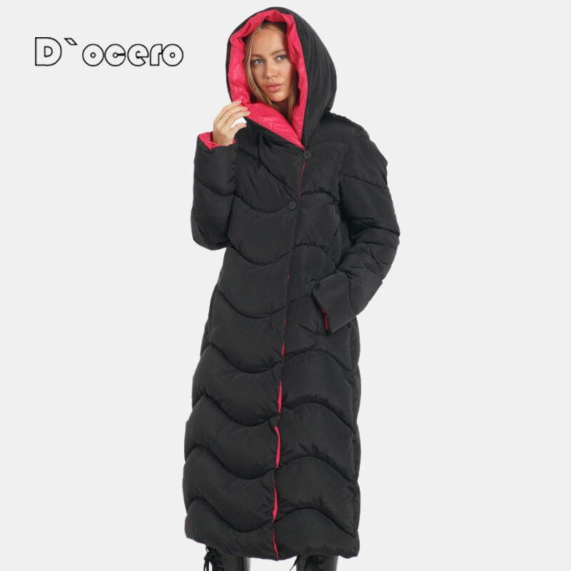 D'OCERO 2021ใหม่แฟชั่นฤดูหนาวผู้หญิงแฟชั่นลงเสื้อแจ็คเก็ต Hooded เข่าความยาว Parka ขนาดใหญ่หนา Outerwear