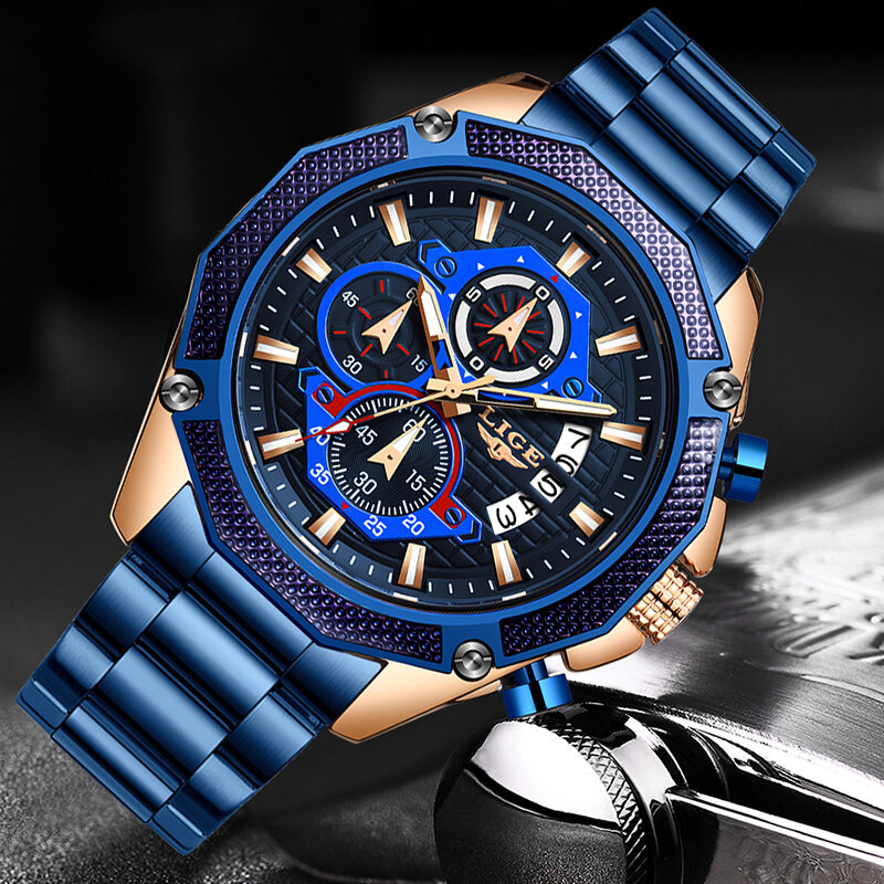 LIGE 2019 nowych moda męskie zegarki ze stali nierdzewnej Top marka luksusowe sport zegarek chronograf kwarcowy mężczyźni Relogio Masculino
