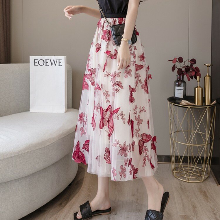 2020 nuova Estate Streetwear Elastico In vita 3D Farfalla fiori del ricamo del pannello esterno della garza sexy Signora Elegante Midi Gonne