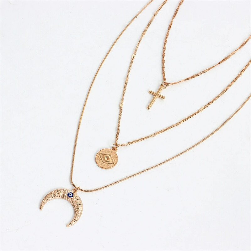 Punk Moon Pendant Necklace Hip Hop Multi-layer Chain Fashion Cross Charm Choker Necklace For Women Party Jewelry 2021 New