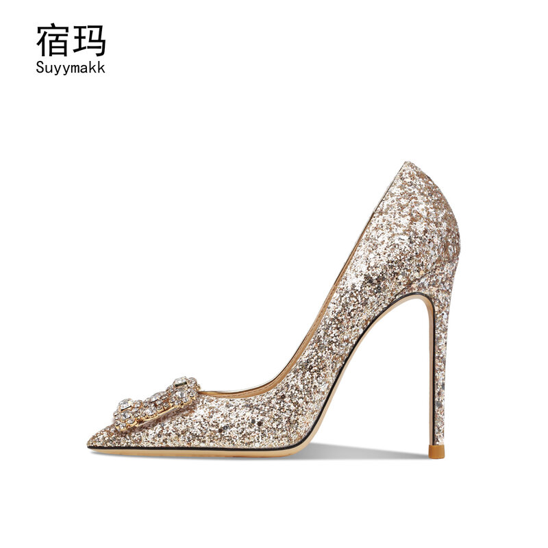 Zapatos de tacón alto para mujer, calzado de punta puntiaguda con diamantes de imitación y purpurina, Sexy, para fiesta y boda, talla 6/8CM, 2021