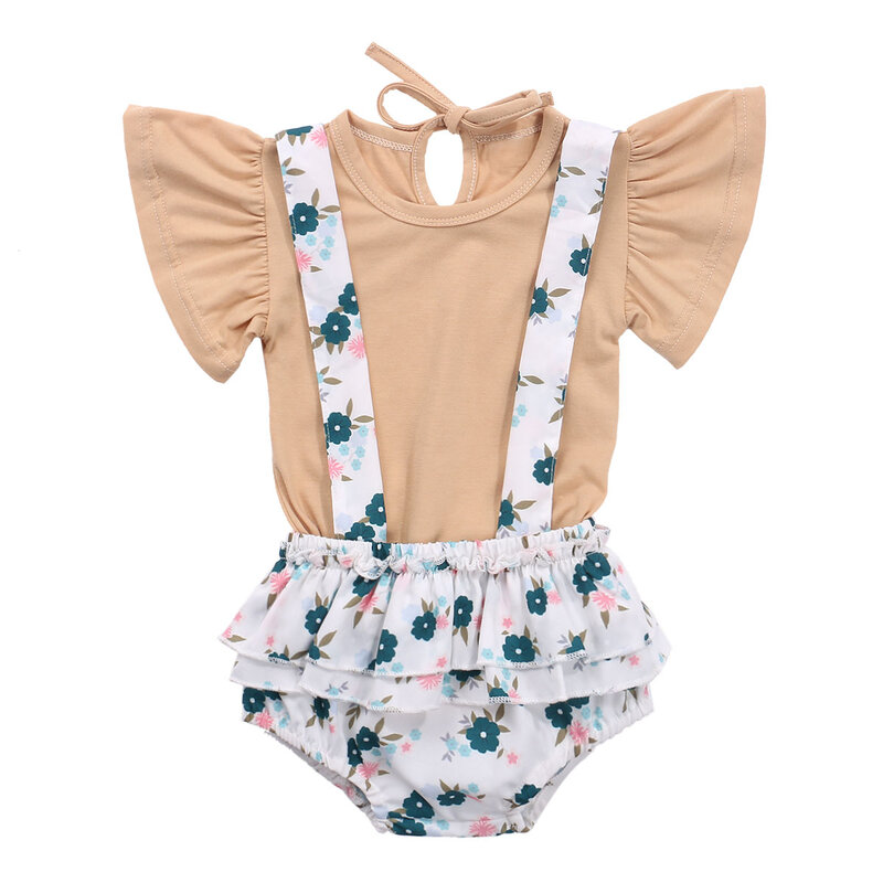 2020 sommer Kleinkind Mädchen Einfarbig Fliegen Sleeve Oansatz Romper + Blumen Druck Rüsche Strumpf Shorts Set 0-24M Baby Kleidung