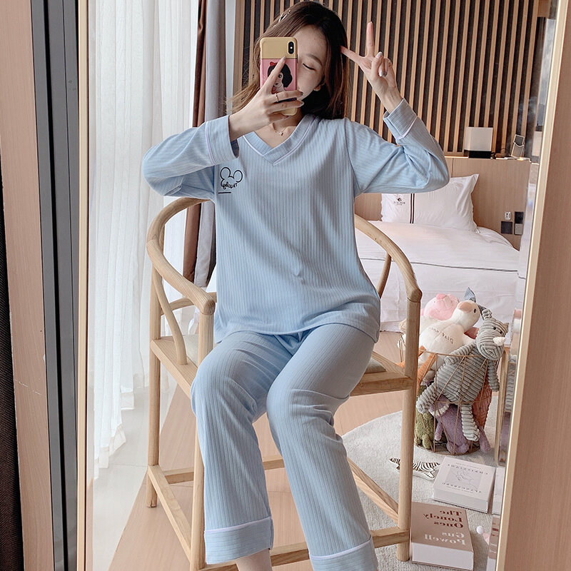 Pajamas Female Long Sleeve Spring and Autumn Pure Cotton Students Sweet and Lovely Summer Thin Home Clothes Set Autumn