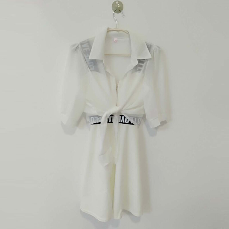 Женский комплект из двух предметов, шифоновый топ-рубашка с отложным рукавом-фонариком и короткое платье-трапеция мини на бретелях-спагетт...