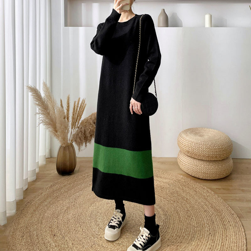 2021 maglione girocollo lungo da donna con cuciture alla moda maglione lavorato a maglia allentato da donna maglione Casual sopra il ginocchio sottile