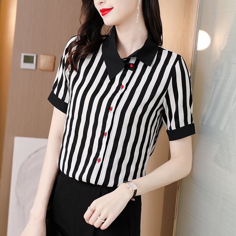 Koreaanse Womens Shirt Zijden Blouses Voor Vrouwen Korte Mouw Vrouwelijke Top Zwart-wit Gestreepte Blouse Vrouw Kleding Ol Womens tops