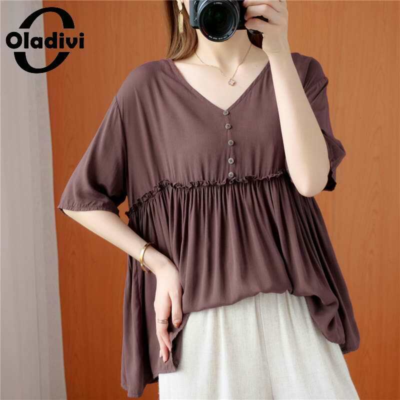 Oladivi Plus Size Short Sleeve V Neck Solid Blouses Women Summer 2021 New Casual Loose Shirts Ladies Top Tees Tunic Blusas L-4XL
