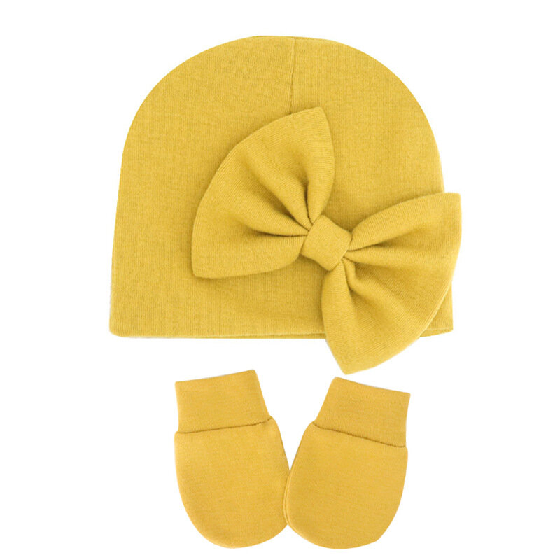 Outono e inverno macio quente infantil chapéu e luvas definir cor sólida bowknot recém-nascidos bonés do bebê meninas anti-garra rosto proteger mitten