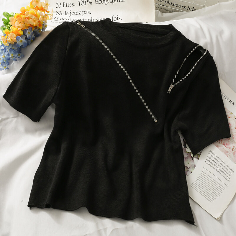 T-shirt manches courtes col rond femme, tricot ajouré avec fermeture éclair, Design de la minorité française