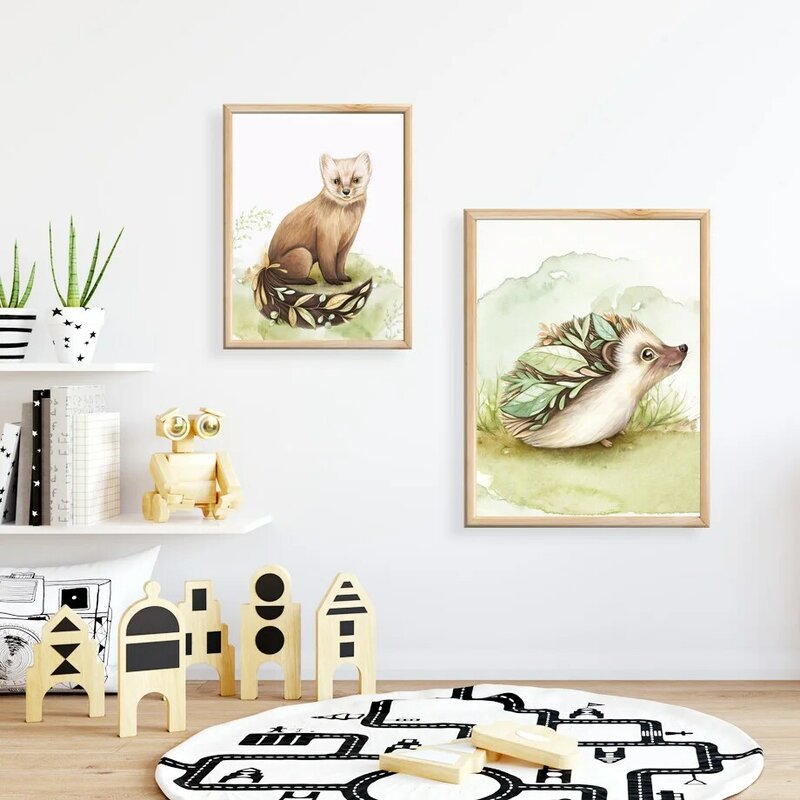 Akwarela Cartoon zwierząt Fox wiewiórka Kid obraz ścienny na płótnie plakaty i druki wystrój salonu styl skandynawski dekoracji