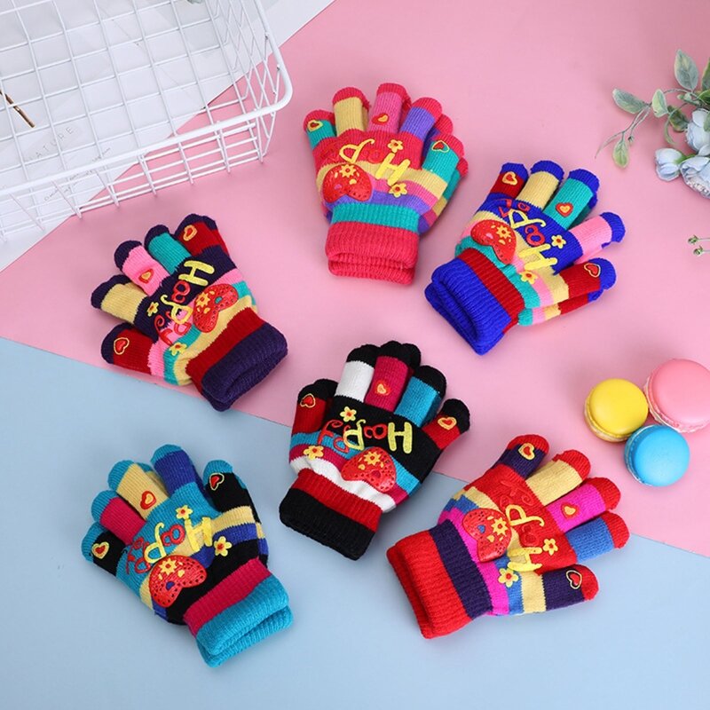 Kids Winter Knitted Full Finger Gloves Colorful Heart Print Plush Lined Mittens 