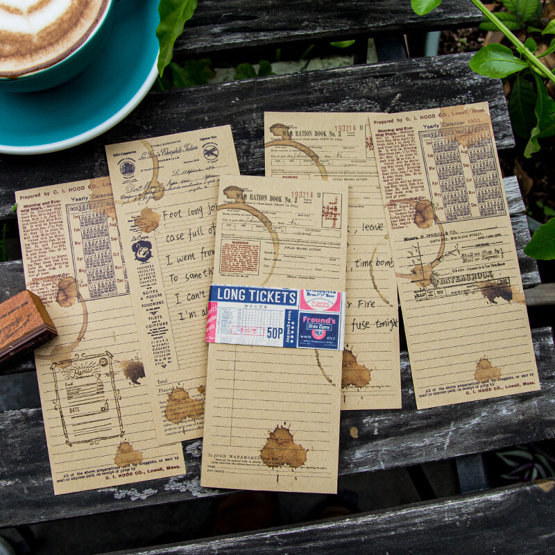 50Sheets/Pack Koffie Lange Tickets Kraftpapier Vintage Memo Pad Scrapbook Journaling Base Collage Decoratieve Diy Materiaal Papier