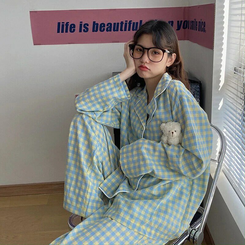 Caiyier conjunto pijamas de menina coreano roxo grade adorável inverno manga comprida lazer roupas de dormir para mulheres soltas camisola terno caseiro