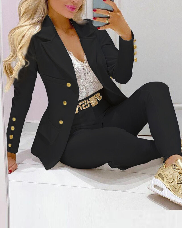 2021 Femme Formal Jacket & Calças Senhora do escritório Outfits Outono Mulheres duas peças set Chain Print Blazer Coat & Pants Suit Sets
