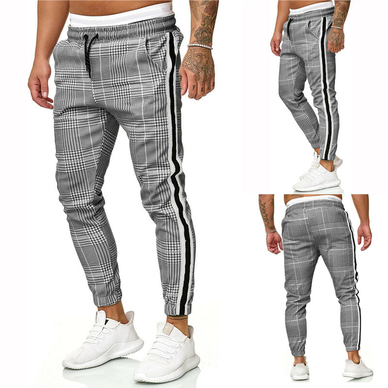 Novas calças esportivas dos homens bolso xadrez impressão correndo calças atléticas de futebol treinamento calça esportiva elasticidade jogging gym