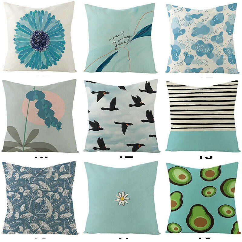 Funda de almohada decorativa con diseño de cielo azul, cubierta de cojín con diseño de flores y pájaros, de lino, ideal para el sofá y el verano