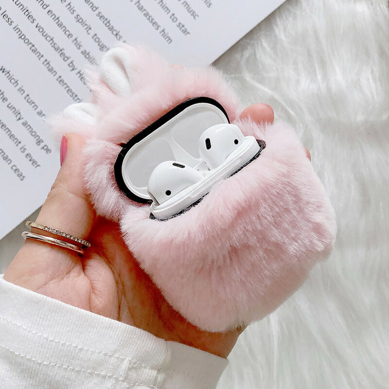 Soft Rabbit Ear Fur Case for AirPods 1 2 Bluetooth Wireless Headset Fluffy Box with Carabiner Warm Plush Cover for Airpods Pro