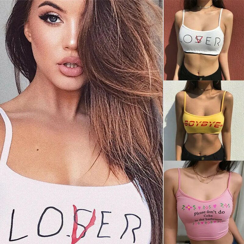 Camisetas de algodón con tirantes para mujer, Tops sin mangas con estampado de letras, Tops cortos sexys de verano, camisetas para mujer