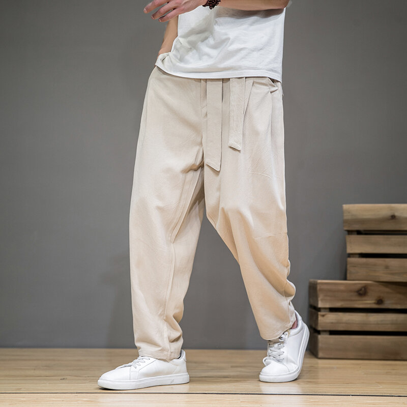 Wiosenne bawełniane lniane spodnie męskie w pasie dorywczo spodnie haremki luźne spodnie dresowe tradycyjne chińskie spodnie pantalons homme