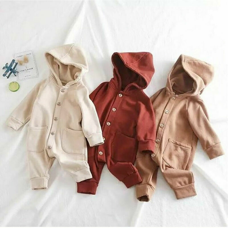 2019 odzież jesienno-wiosenna noworodek Baby Boy Girls Kid jednolity kolor, długi rękaw z kapturem z kieszeniami zapinane na guziki Romper Winter Warm
