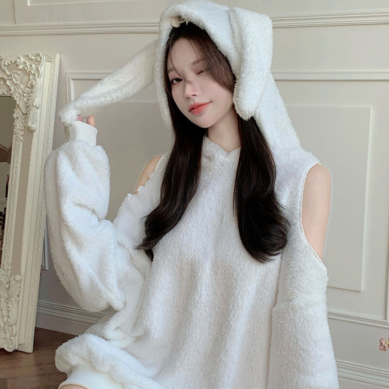 2021 Autumn Winter Japanese Kawaii Sweet Cute Bunny Ears Hoodies Sexy Women Top Korean Off Shoulder Long Sleeve Elegant Pullover