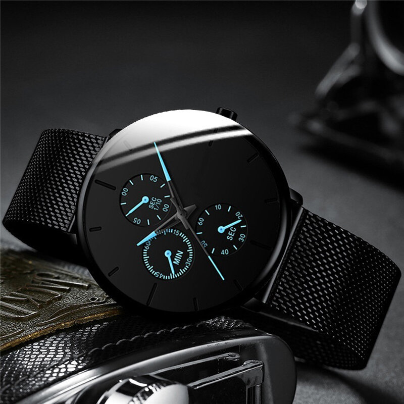 Moda męska biznes czarne zegarki luksusowe ze stali nierdzewnej Ultra cienka siatka pas kwarcowy mężczyźni Wrist Watch Casual klasyczny zegarek męski