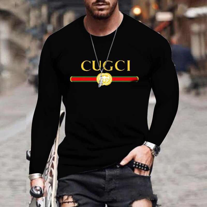 Camiseta de manga larga con cuello redondo para hombre, top con estampado GG, color sólido, ropa deportiva para correr, Otoño e Invierno