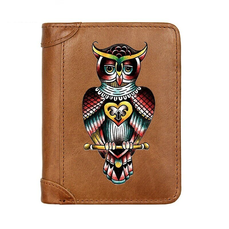 Carteira masculina de couro genuíno bolsa masculina misteriosa coruja impressão carteira multifuncional saco de armazenamento moeda cartão sacos curtos