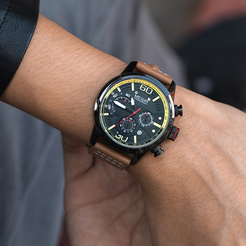Часы MEGIR мужские с кожаным ремешком, спортивные кварцевые часы с хронографом, в стиле милитари, роскошные Брендовые Часы