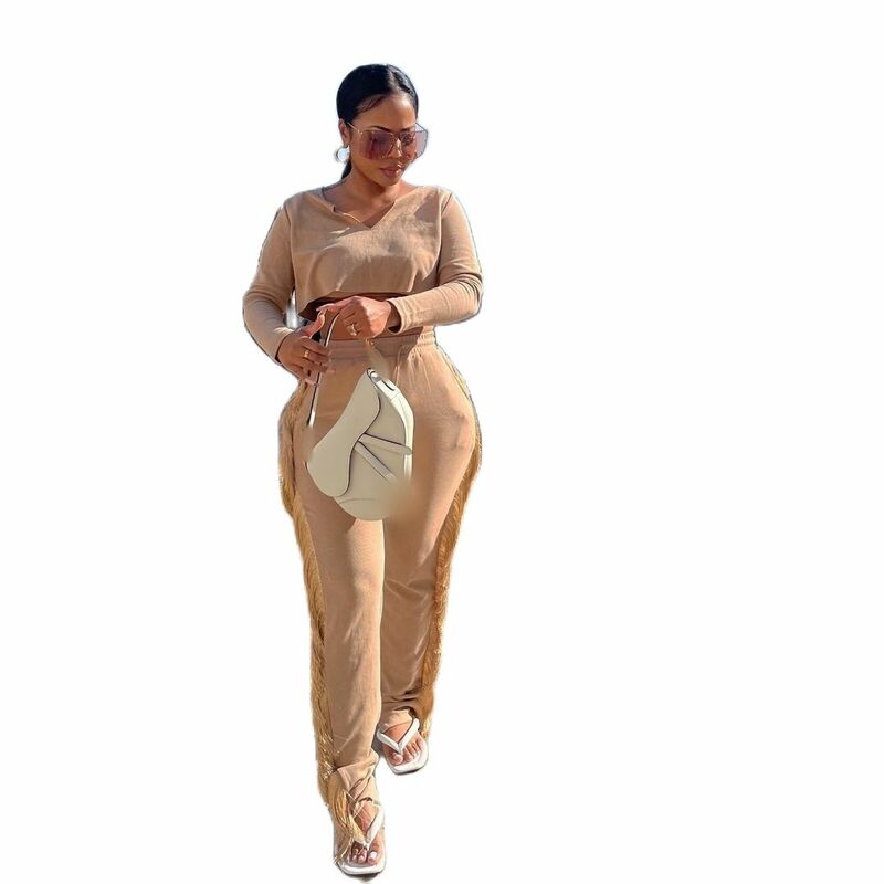 Женский повседневный уличный костюм из двух предметов, укороченный Топ с длинным рукавом и брюки с бахромой