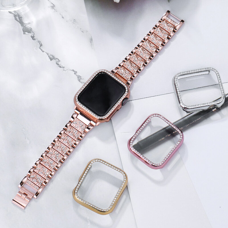 Apple Watch Series 654321 Se 용 밴드 + 다이아몬드 케이스 iwatch 38MM40MM42MM44MM 용 스테인레스 스틸 레이디 스트랩, 팔찌 액세서리