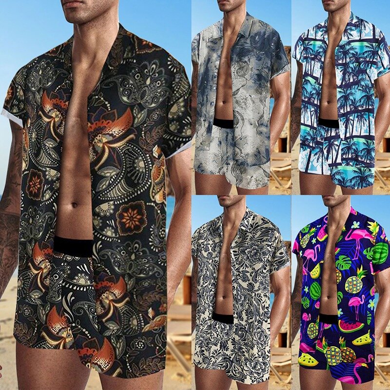 Masculino hawaiian define 2021 verão impressão camisa de botão de manga curta + praia shorts areia praia de duas peças casual masculino terno