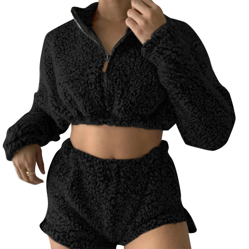 Echoine – survêtement d'hiver en fausse fourrure pour femmes, ensemble deux pièces, sweat-shirt et short, haut court, veste à glissière