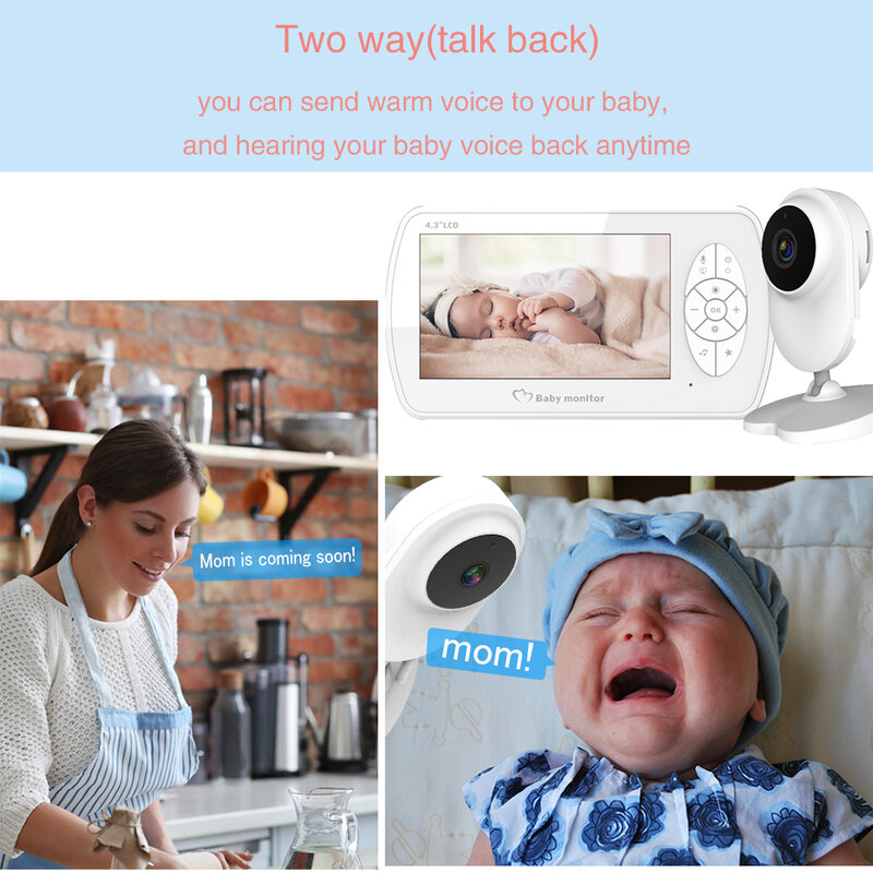 Monitor de bebé de 4,3 pulgadas con cámara, cámara de seguridad niñera, Audio bidireccional, visión nocturna, monitoreo de temperatura