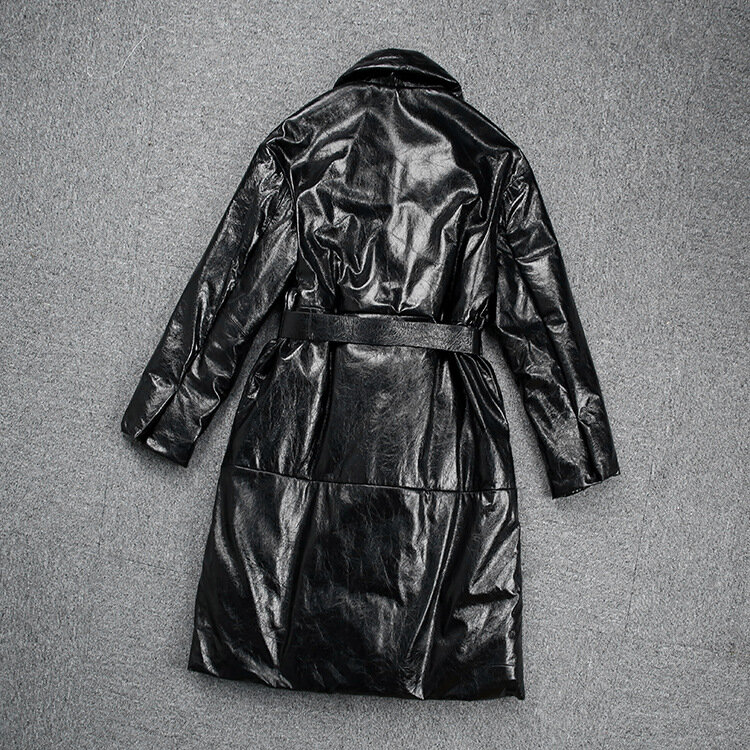 Nova chegada da fábrica moda feminina genuína aurora couro longo para baixo jaquetas, pato branco para baixo grande bolso