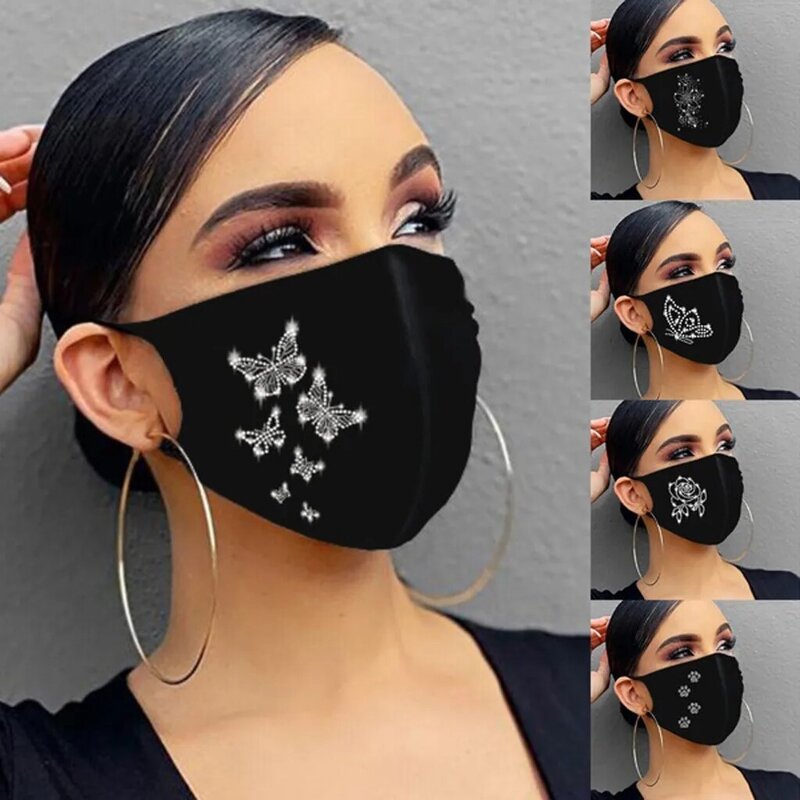 Modna maska dżetów brokatowe maski na twarz Unisex zmywalna oddychająca lodowa bawełniana maseczka na usta zewnętrzna maska przeciwpyłowa mascarillas