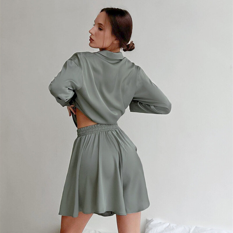 Verão feminino duas peças conjunto de cetim casual cintura alta shorts camisa terno mujer moda feminina outfit