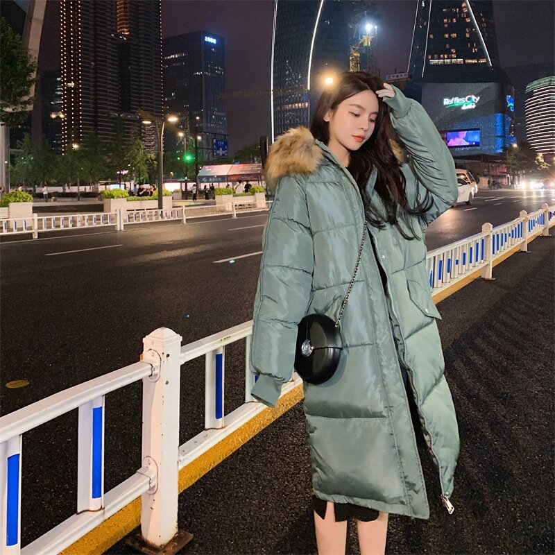 2021 새로운 큰 모피 칼라 중간 길이 다운 재킷 여성의 한국어 스타일 느슨한 Overknee 면화 패딩 코트 두꺼운 패딩 재킷