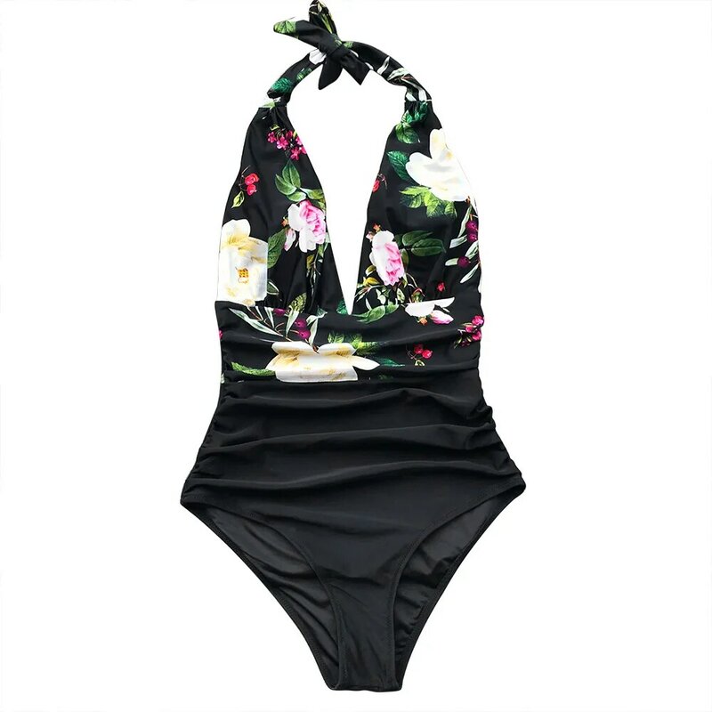Navy Floral V-Neck Halter One-Piece ชุดว่ายน้ำเซ็กซี่ Backless Lace Up ผู้หญิง Monokini 2021ชุดว่ายน้ำชายหาดชุดว่ายน้ำ