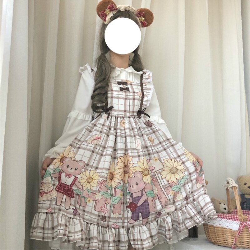 Vestido de Lolita ligero Kawaii para niña, vestido de cintura alta sin mangas, suave, viento, lindo oso, chica japonesa