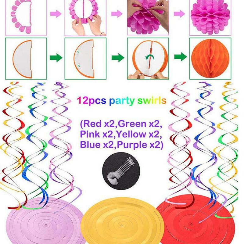 Decorações de aniversário arco-íris decorações de festa com ventilador de papel decorações de festa conjunto colorido balões fontes de festa de aniversário