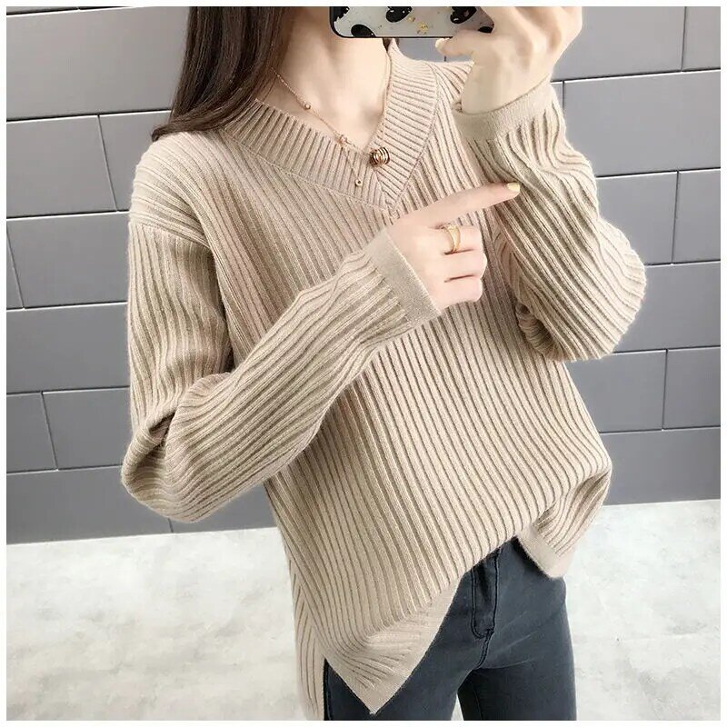 Fashion V-neck Sweater Womens Winter Fashion Ladies Pink Knitted Clothes 2021 Autumn Popular American Stripe Straps Cotton Tops