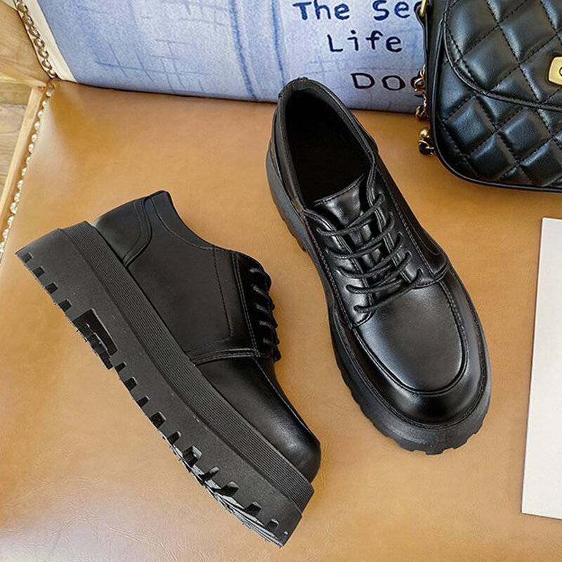 Sapatos oxford femininos, mocassins em couro preto, vintage, com cadarço, sapatos pretos para mulheres, primavera 2021