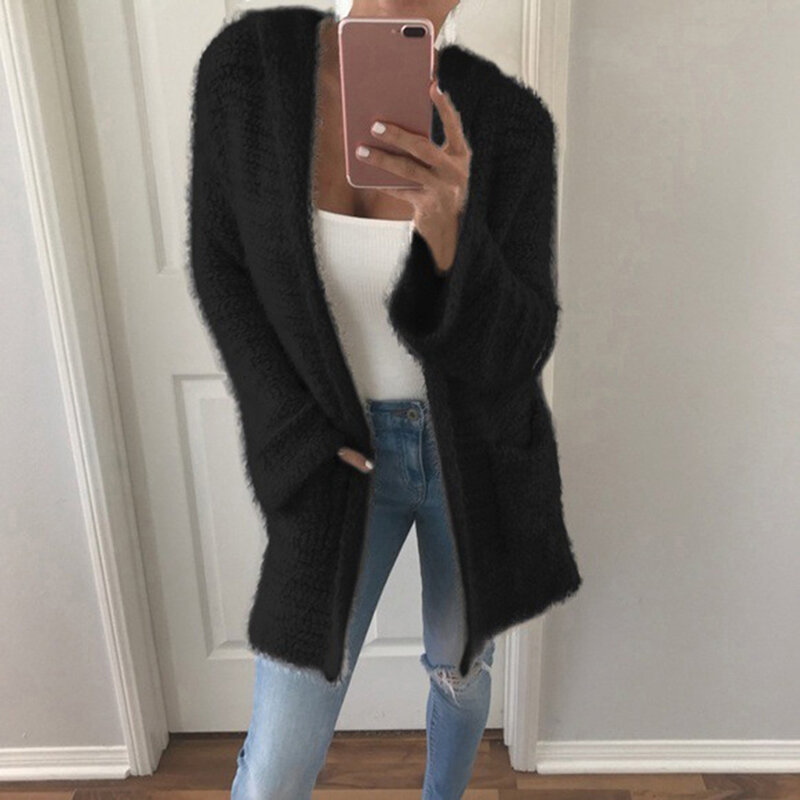 2020 Fashion Women Solid Color Long Sleeve Hooded Fluff Knitted Cardigan Coat Outwear Women's Clothing куртка женская